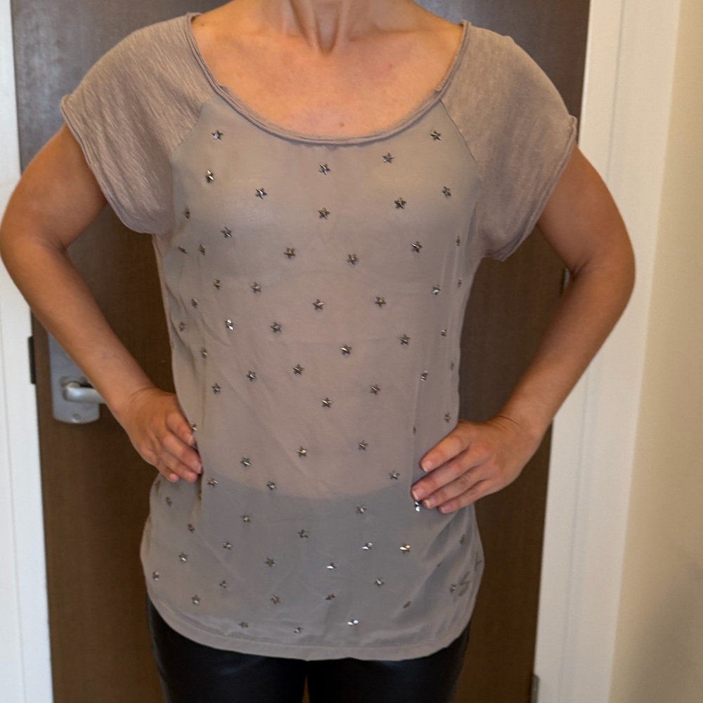 SEVEN 7 Taupe Sheer Front Scoop Neck Silver Metal Star Embellished T-Shirt